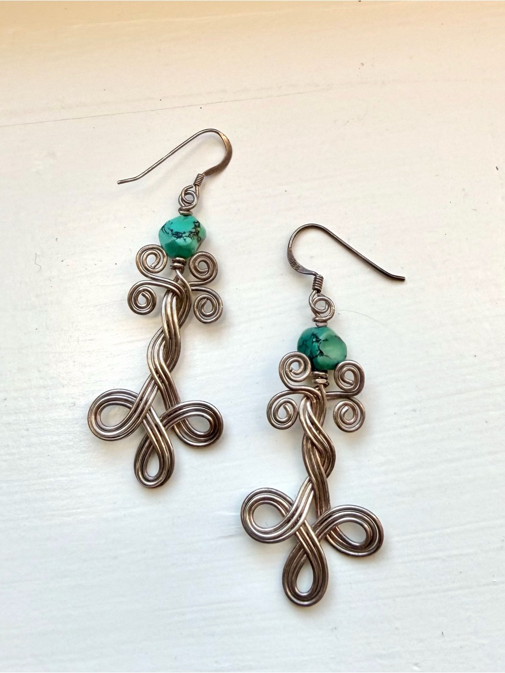 Turquoise Bead Silver Wirework Dangle Earrings - Women Jewelry